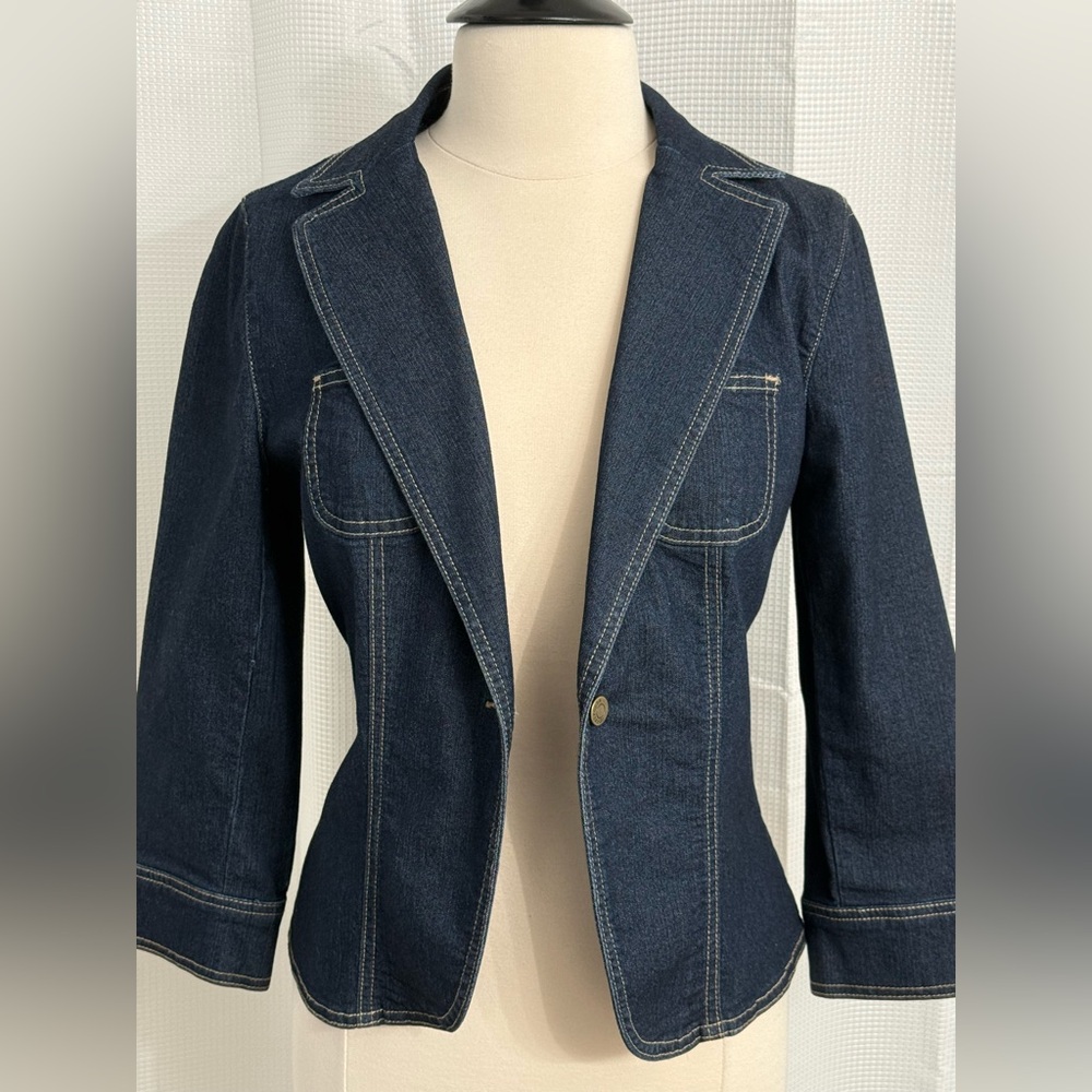 Apostrophe Stretch Women's 3/4 Sleeve Single Breast Jean Blazer Blue Demin Sz 14 - Picture 3 of 7